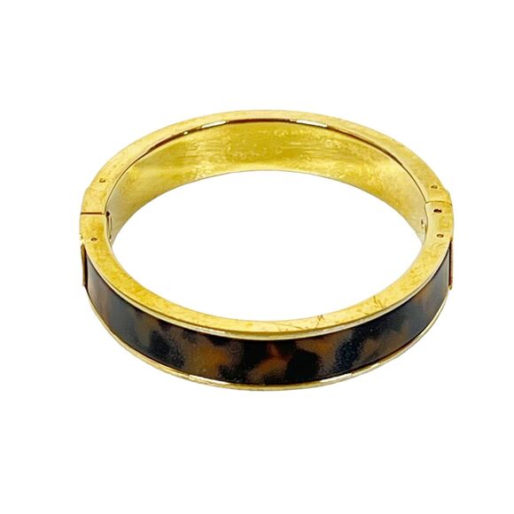 MICHAEL KORS Fulton Tortoise Gold Tone Hinge BANGLE BRACELET "MK" Designer Logo - Picture 2 of 9
